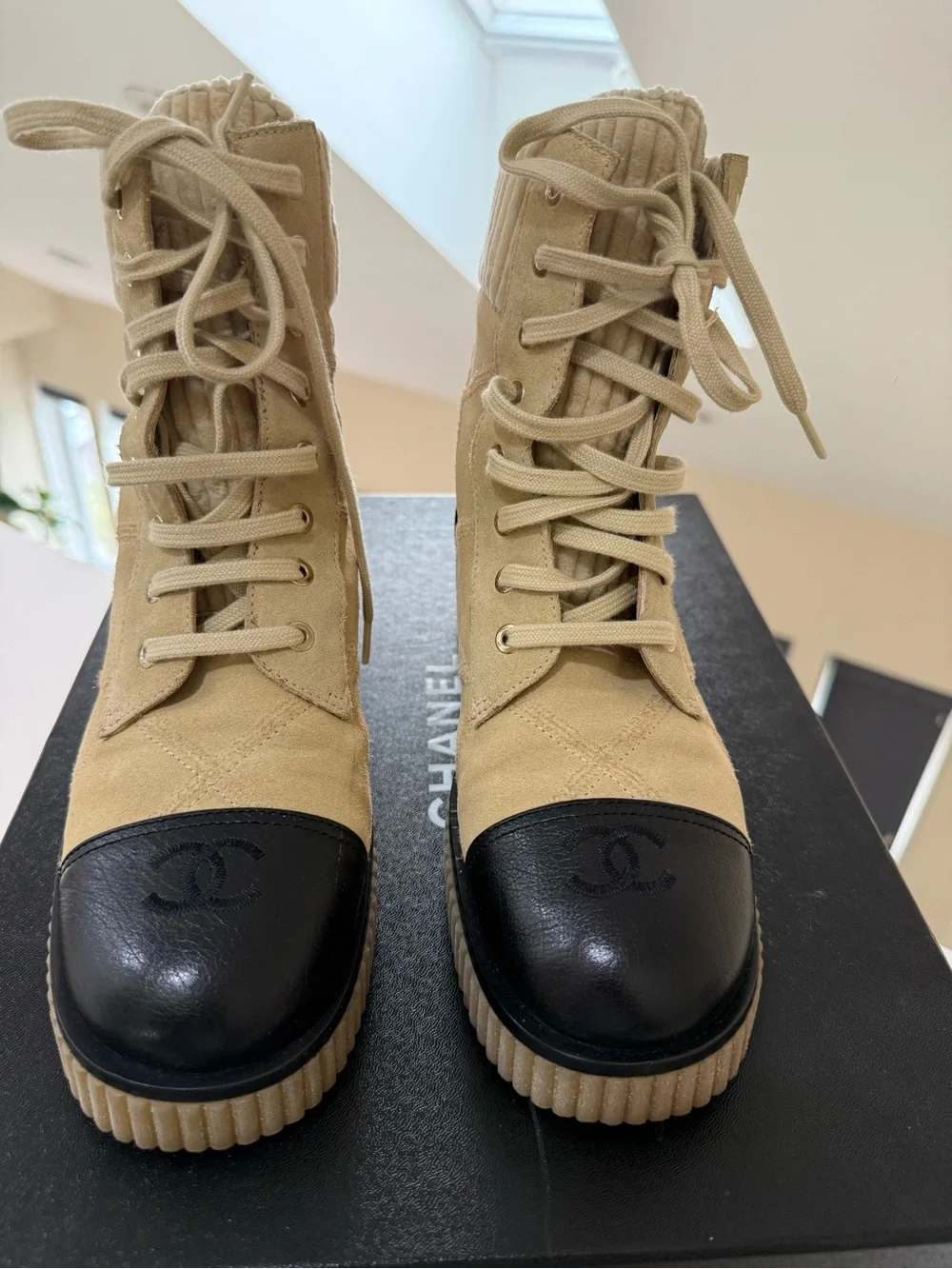 CHANEL Beige Suede and Black Leather Cap-Toe Lace-Up Boots